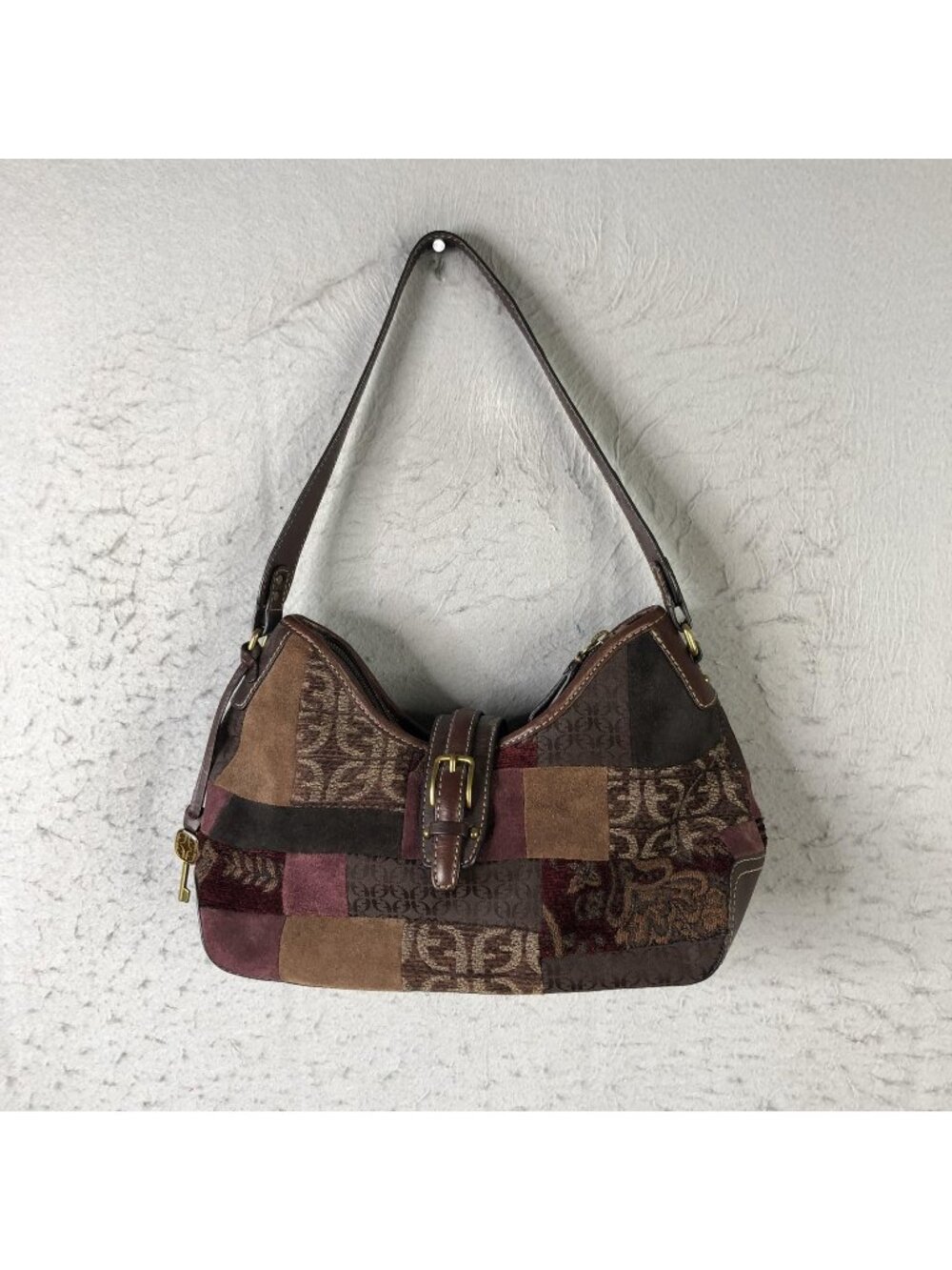 Fossil Hobo Bag Womens Medium Brown Patchwork Suede Leather Boho Key Charm